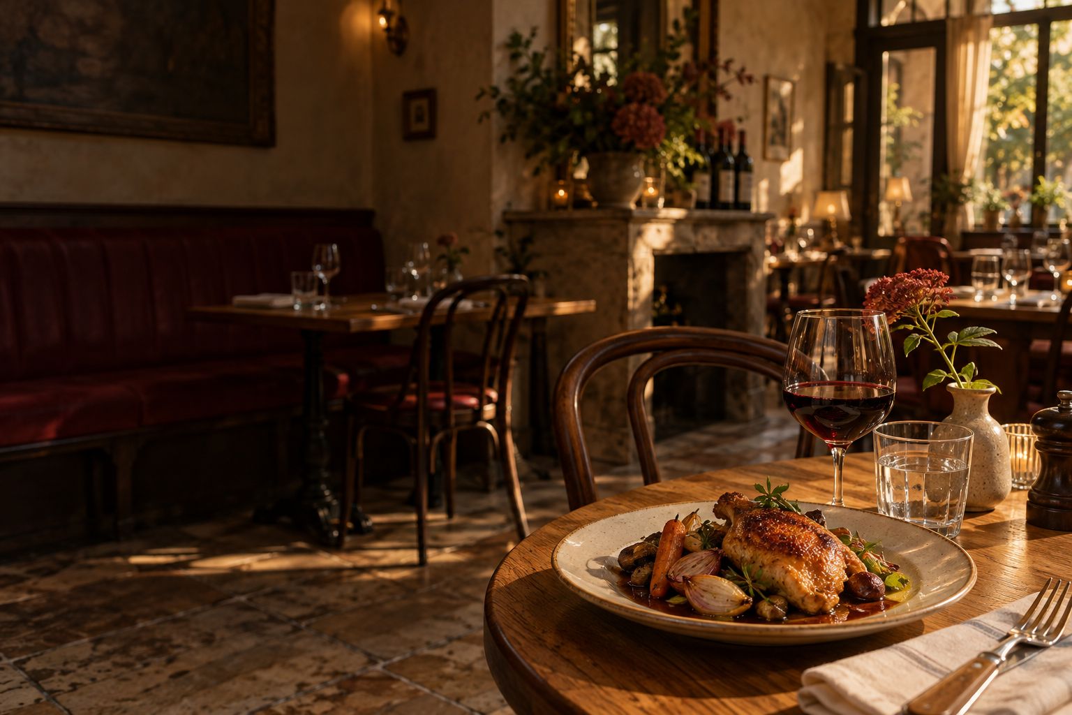 Salle de bistrot en fin de journée : banquette bordeaux, tables en chêne et, au premier plan, une volaille rôtie aux légumes (photographie d'illustration générée)