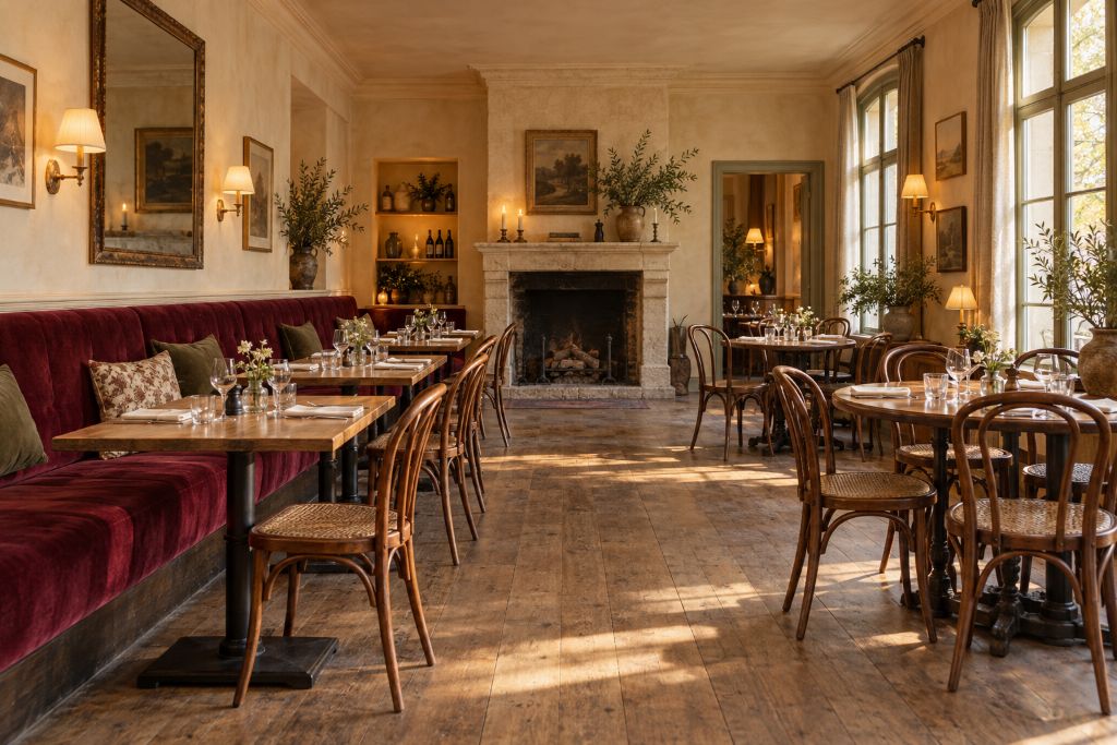 Vue d'ensemble de la salle, lumineuse : banquette bordeaux et tables en chêne à gauche, cheminée au fond, tables rondes près des fenêtres à droite, allée de parquet au centre (photographie d'illustration générée)
